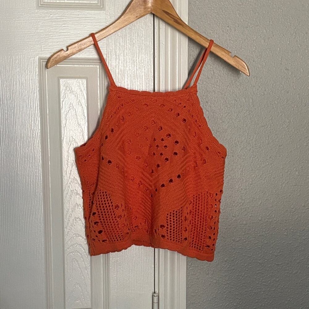 Orange Crochet loose knit Cropped Scalloped Neck cotton blend Top size Large